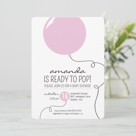 ピンクの気球の女の子のベビーシャワーの招待をぽんと鳴らすために用意して下さい 招待状 (スタンド正面)