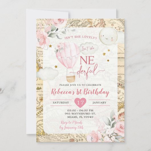 ピンクの気球は彼女は優れた誕生日ではない 招待状 (正面)