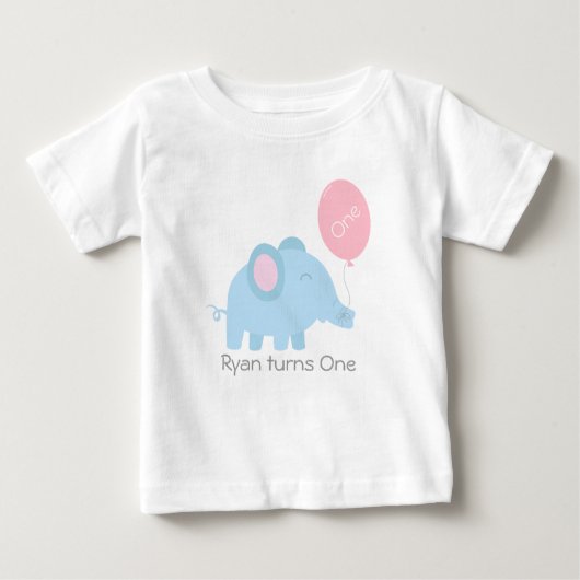 ピンクの気球を持つかわいい空色象 ベビーTシャツ (正面)