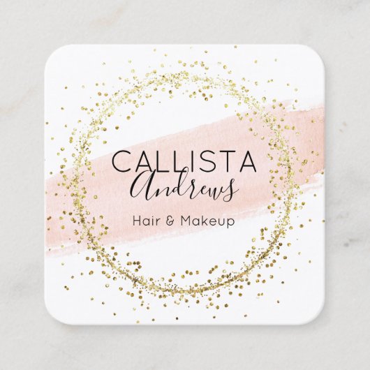 ピンクの水のカラーブラシグリッター紙吹雪サロン スクエア名刺 (正面)