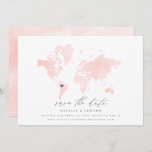 ピンクの水のカラーワールドマップ結婚の値 案内状 (正面/裏面)