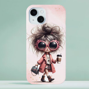 ピンクの水の色お洒落女の予測できな子コーヒ走ー iPhone 15ケース