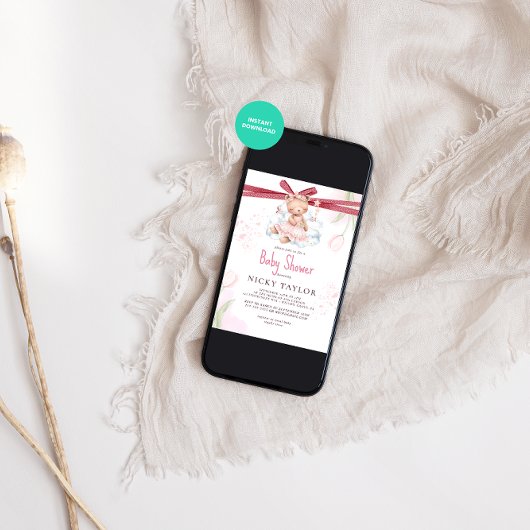 ピンクの水の色かわいいテディベア赤ちゃんシャワー 招待状