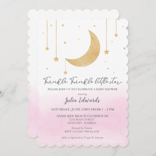 ピンクの水の色きらびやかな小さな星の赤ちゃんシャワー 招待状 (正面/裏面)