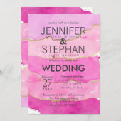 ピンクの水の色と金ゴールド結婚式招待状 招待状 (正面/裏面)