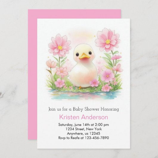 ピンクの水の色のアヒルWhimsy女の子の赤ちゃんシャワー 招待状 (正面/裏面)