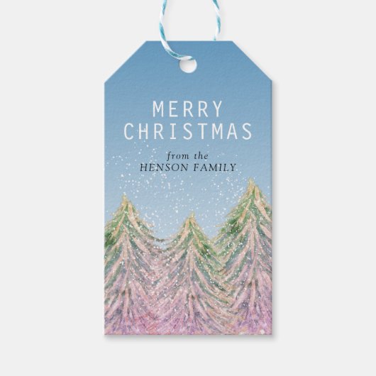 ピンクの水の色のクリスマスツリー芸術的 ギフトタグ (正面)