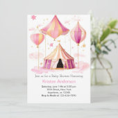 ピンクの水の色のサーカスWhimsy女の子の赤ちゃんシャワー 招待状 (スタンド正面)