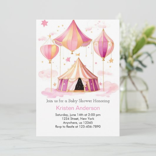 ピンクの水の色のサーカスWhimsy女の子の赤ちゃんシャワー 招待状 (スタンド正面)