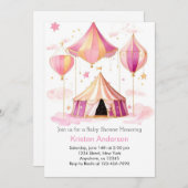 ピンクの水の色のサーカスWhimsy女の子の赤ちゃんシャワー 招待状 (正面/裏面)