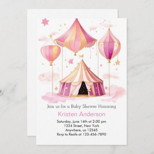 ピンクの水の色のサーカスWhimsy女の子の赤ちゃんシャワー 招待状 (正面/裏面)