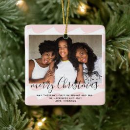 ピンクの水の色のストライプメリークリスマスフォト セラミックオーナメント