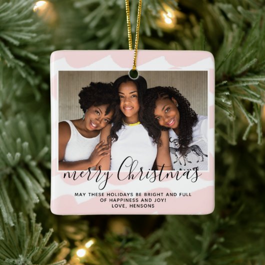 ピンクの水の色のストライプメリークリスマスフォト セラミックオーナメント (ツリー)