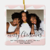 ピンクの水の色のストライプメリークリスマスフォト セラミックオーナメント (正面)