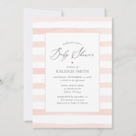 ピンクの水の色のストライプ女の子の赤ちゃんシャワー 招待状 (正面)