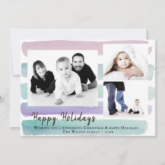ピンクの水の色のストライプ3 Photo Collageクリスマス シーズンカード (正面)