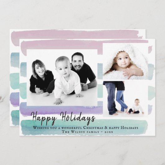 ピンクの水の色のストライプ3 Photo Collageクリスマス シーズンカード (正面/裏面)