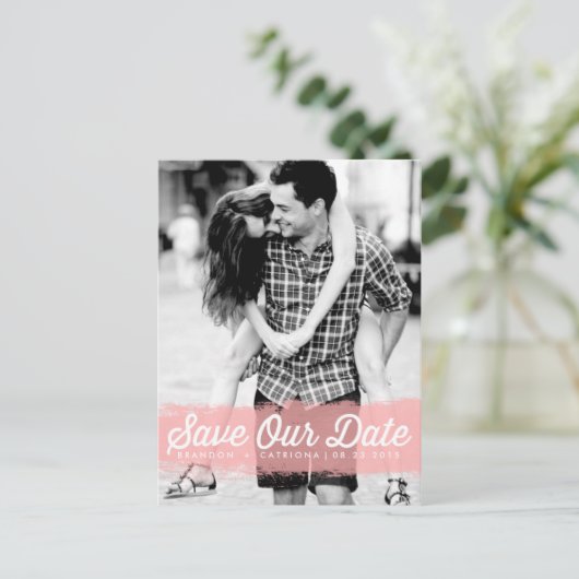 ピンクの水の色のスプラッシュ私たち救の日付はがき 案内ポストカード (スタンド正面)