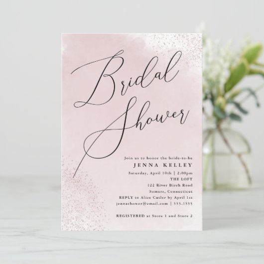 ピンクの水の色のスプラッシュ、ミニマルブライダルシャワー 招待状 (スタンド正面)