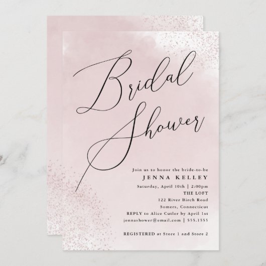 ピンクの水の色のスプラッシュ、ミニマルブライダルシャワー 招待状 (正面/裏面)