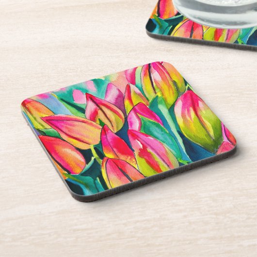 ピンクの水の色のチューリップアート コースター (左側)