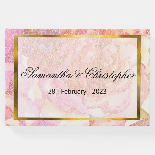 ピンクの水の色のバラと結婚金ゴールド ゲストブック (正面)