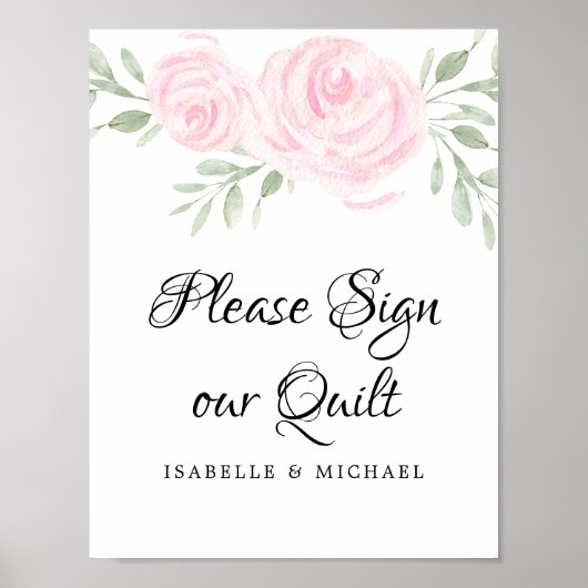 ピンクの水の色のバラは私たちのキルトに署名 ポスター (正面)