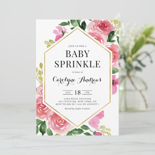 ピンクの水の色のバラフローラフレームベビー散布 招待状 (スタンド正面)