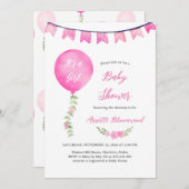 ピンクの水の色のバルーンその女の子の赤ちゃんシャワー 招待状 (正面/裏面)