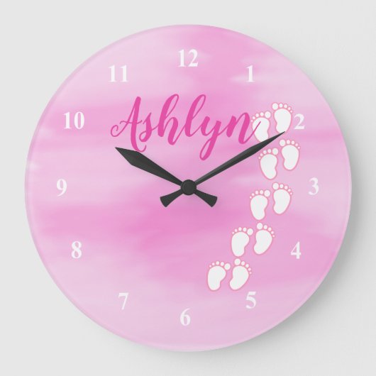 ピンクの水の色のフットプリント小さなベビー足名 ラージ壁時計 (正面)