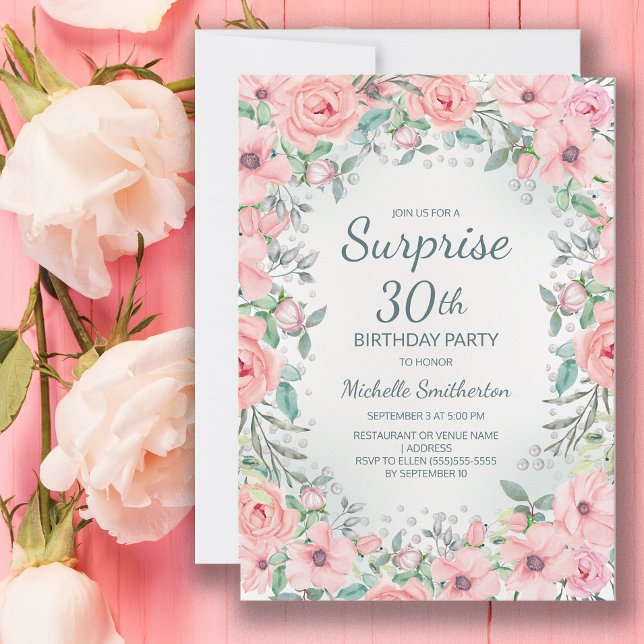 ピンクの水の色のフローラバラ真珠30th誕生日 (Blush pink floral surprise 30th birthday party invitation personalized with your text.)