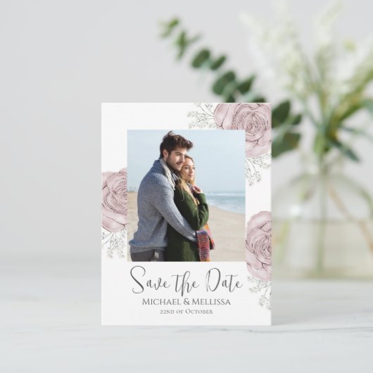 ピンクの水の色のフローラ日付写真の結婚保存 ポストカード (スタンド正面)