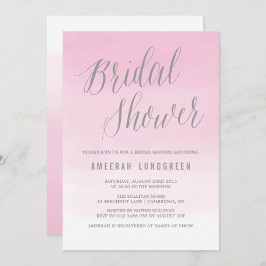 ピンクの水の色のブライダルグラデーションシャワーの招待 招待状 (正面/裏面)