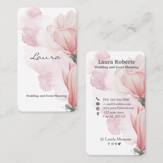 ピンクの水の色のブラシと花のビジネスc 名刺 (正面/裏面)