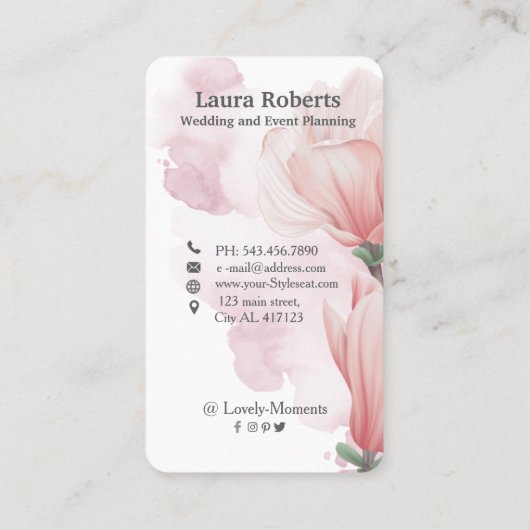 ピンクの水の色のブラシと花のビジネスc 名刺 (裏面)