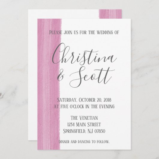 ピンクの水の色のブラシストローク結婚式招待状 招待状 (正面/裏面)