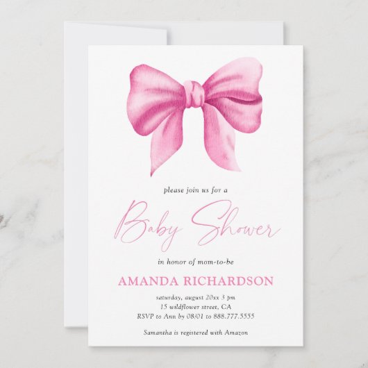 ピンクの水の色のボーガールベビーシャワー 招待状 (正面)