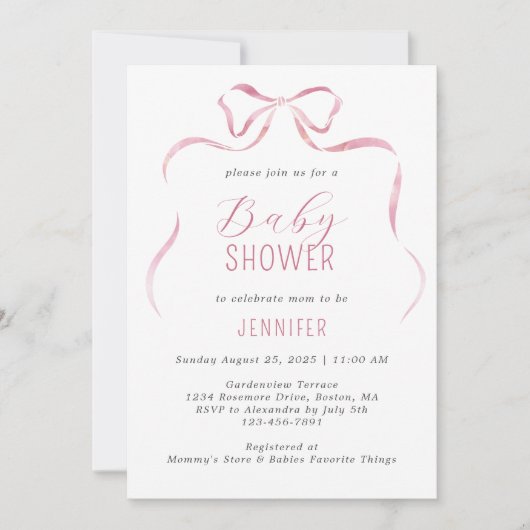 ピンクの水の色のボーガールベビーシャワー 招待状 (正面)