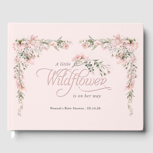 ピンクの水の色のワイルドフラワーをテーマにしたベビーガールシャワー ゲストブック (正面)