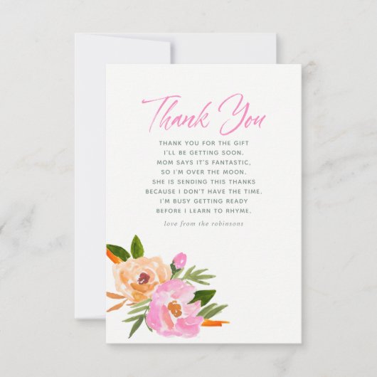 ピンクの水の色のワイルドフラワーベビーシャワーありがとう サンキューカード (正面)