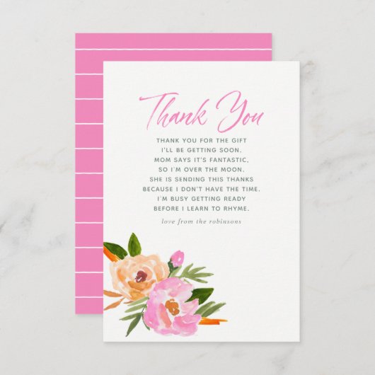 ピンクの水の色のワイルドフラワーベビーシャワーありがとう サンキューカード (正面/裏面)