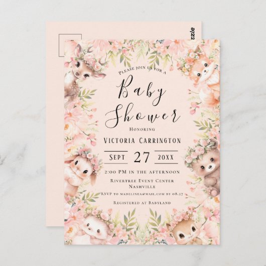ピンクの水の色の動物バジェットベビーシャワー ポストカード (正面/裏面)