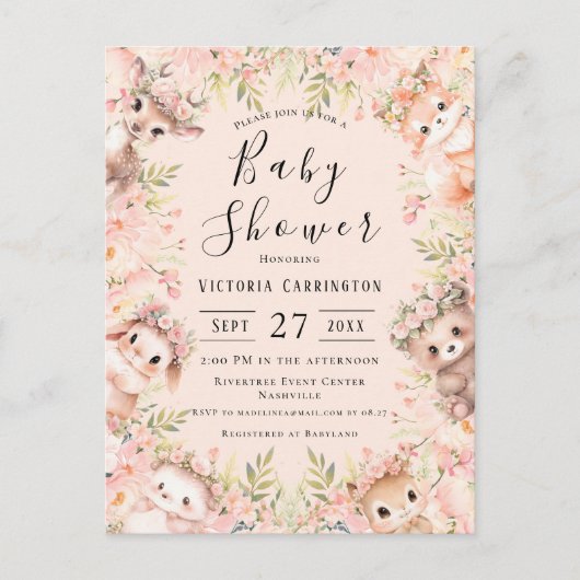 ピンクの水の色の動物バジェットベビーシャワー ポストカード (正面)