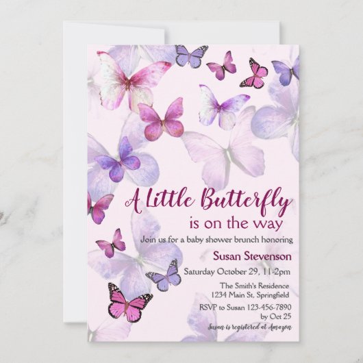 ピンクの水の色の小さな蝶の赤ちゃんシャワー 招待状 (正面)