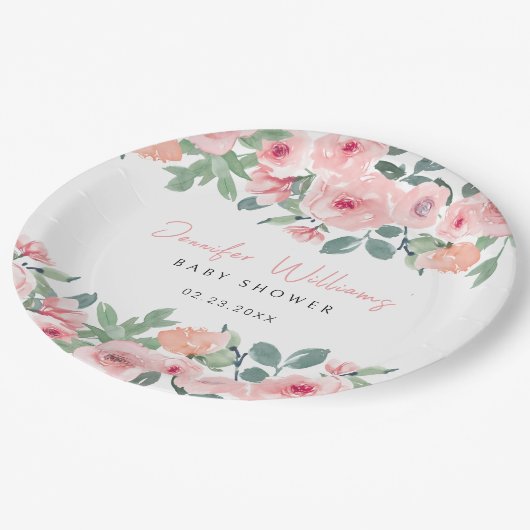 ピンクの水の色の庭のベビーシャワー紙プレート ペーパープレート (アングル)