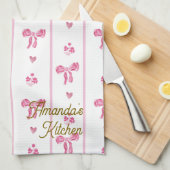 ピンクの水の色の弓のストライプコケットの美学 キッチンタオル (四つ折り)