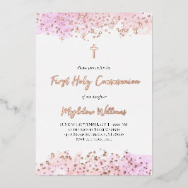 ピンクの水の色の最初の聖餐式 箔招待状