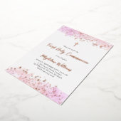 ピンクの水の色の最初の聖餐式 箔招待状 (回転した状態)