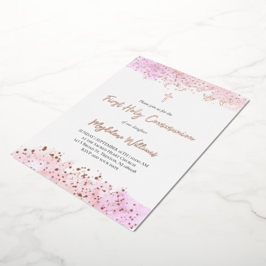 ピンクの水の色の最初の聖餐式 箔招待状 (回転した状態)