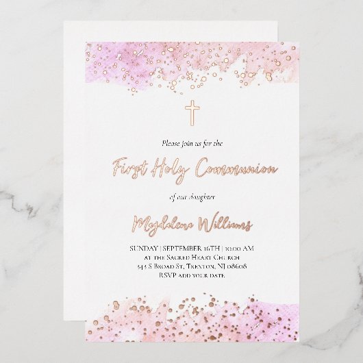 ピンクの水の色の最初の聖餐式 箔招待状 (正面/裏面)
